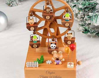 Caja de música de noria de madera personalizada, regalo de recuerdo para bebé