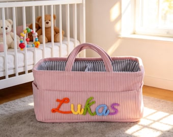 Bolsa organizadora de pana personalizada para bebé, organizador de pañales con nombre personalizado, cesta de almacenamiento suave.