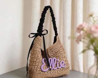 Bolso de paja tejido a mano, bolso de rafia con nombre personalizado, bolso de playa bohemio de verano con monograma