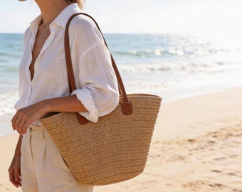 Handmade Straw Bag with Leather Handles | Summer Raffia Tote Hand Bag | Beach Vacation Purse