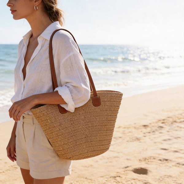 Handmade Straw Bag with Leather Handles | Summer Raffia Tote Hand Bag | Beach Vacation Purse