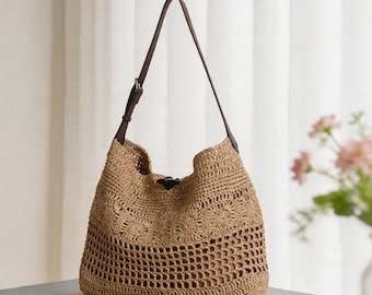 Bolso de mano de paja tejido a mano, bolso grande para la playa, bolso de vacaciones de verano estilo bohemio.