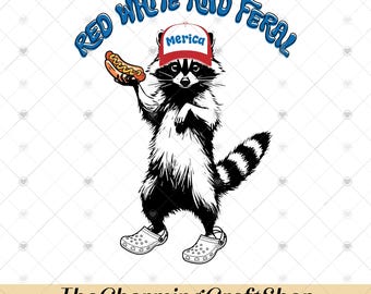 Red White and Feral Raccoon File Digital Printable, Funny 4th of July PNG, Patriotic Hot Dog Animal PNG, Merica Hat Crocs PNG