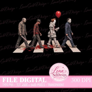May include: A digital graphic featuring four horror movie characters walking across a zebra crossing. The figures include a man in a tattered jacket, a man in a striped jumper with clawed gloves, a clown in a ruffled costume holding a red balloon, and a man in a dark jumpsuit holding a knife. Red splatters are visible on the ground.