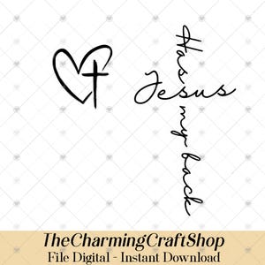 May include: Black and white digital design featuring a heart-shaped outline with a cross inside, and the words "Jesus has my back" in a vertical script. The design is on a white background with a diamond pattern.