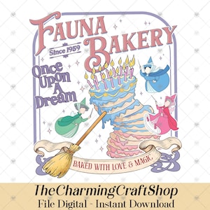 May include: A whimsical illustration for a bakery, featuring a layered cake with lit candles, fairies, and the text "Fauna Bakery" and "Once Upon A Dream." A broom and banner read "Baked with Love & Magic."
