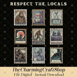 Puede incluir: Un conjunto de sellos de arte digital con criaturas críptidas y extraterrestres. Cada sello tiene un diseño único con textos como "Space Appreciated" y "It's Okay to Hide". El logotipo de TheCharmingCraftShop está en la parte inferior.