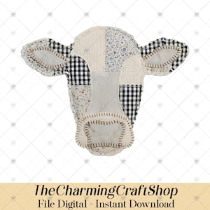 May include: A fabric cow head with patchwork design. The cow head features a mix of patterns, including floral, gingham, and solid cream-colored fabric. The ears and snout are detailed with stitching. The text "The Charming CraftShop" is at the bottom.