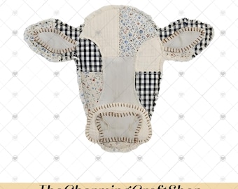Patchwork Highland Cow File Digital Printable, Rustic Farmhouse Quilt Cow Png, Farm Animals Png, Hen Pig Lamp PNG