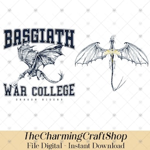 以下が含まれることがあります： ネイビーブルーのドラゴンのイラストが2つ。1つは「BASGIATH WAR COLLEGE DRAGON RIDERS」の文字とともに飛行するドラゴンを描いています。2つ目は、翼を広げたドラゴンを上から見たものです。画像には「TheCharmingCraftShop File Digital - Instant Download」の文字が含まれています。