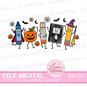 May include: A digital graphic featuring cartoon school supplies dressed for Halloween. A blue crayon vampire, a jack-o'-lantern, a mummy glue stick, a black notebook with spiderwebs and a ghost, and a pencil witch with a broomstick and hat.