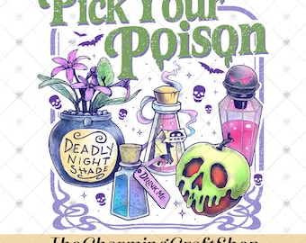Pick Your Poison File Digital Printable, Halloween Princess PNG, Retro Disneyland Villains Cartoon PNG, Spooky Season