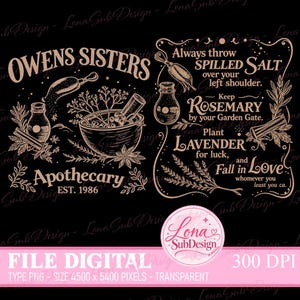 Puede incluir: Un diseño gráfico digital con el texto Owens Sisters Apothecary Est. 1986, ilustrado con un mortero, hierbas y un frasco. El lado derecho incluye texto sobre sal, romero, lavanda y amor dentro de un marco decorativo.
