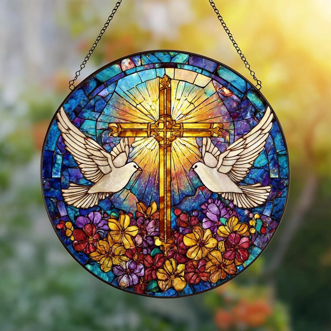 Christian Cross Stained Glass Suncatcher, Radiant Doves Window Hanging ...