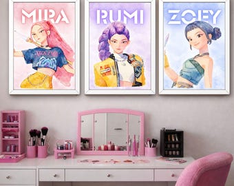 Plakaty akwarelowe z dziewczynami z anime K-popu, sztuka ścienna Rumi Mira Zoey, wystrój pokoju nastolatka