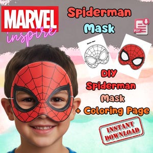 Puede incluir: Un niño con una máscara de Spiderman roja y negra. La imagen incluye el texto "MARVEL inspire", "Spiderman Mask", "DIY Spiderman Mask + Coloring Page" y "INSTANT DOWNLOAD". También se ven dos plantillas de máscaras de Spiderman.