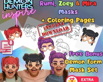 K‑Pop Huntrix Printable Mask Set, 6 Designs Rumi, Zoey & Mira with Demon Forms