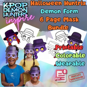 Puede incluir: Un paquete de máscaras imprimibles con temática de Halloween con un diseño de demonio. La imagen muestra a niños usando las máscaras, junto con ilustraciones de los diseños de las máscaras. El texto incluye "Printable", "Colorable" y "Wearable".