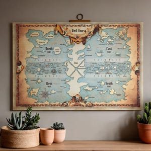 May include: A detailed vintage-style map print depicting an island layout. The map features blue waters, beige landmasses, and the text "Red Line", "North Blue", "East Blue", "West Blue", and "South Blue". The map is hanging on a wall.