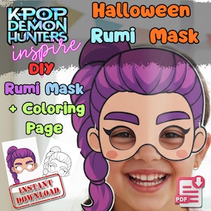Könnte beinhalten: Ein DIY Rumi-Maske für Halloween mit einem Charakterdesign mit lila Haaren. Das Bild enthält den Text "KPOP DEMON HUNTERS inspire" und "Rumi Maske + Ausmalbild". Ein PDF-Download-Symbol ist sichtbar.