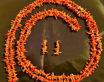 Naszyjnik z koralowca Orange Branch o długości 70 cali. Pasujące kolczyki z zapięciami ze 10-karatowego złota – TESTOWANE