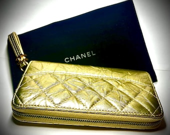 AUTHENTIC Chanel Gabrielle Zip Around Wallet – Gold Metallic- Soft leather
