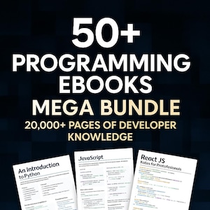 May include: An advertisement for a programming ebook mega bundle. The image displays the text "50+ Programming Ebooks Mega Bundle" and "20,000+ Pages of Developer Knowledge." Three sample pages are shown, with bullet points below indicating HTML format, MRR + PLR included, all major languages, and instant download.