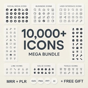 May include: A graphic showcasing a collection of icons, including social media, business, and user interface symbols. The central text reads "10,000+ ICONS MEGA BUNDLE". The image also includes file format icons and the text "+ FREE GIFT".
