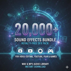 Op de afbeelding: Een digitale afbeelding die een sound effects bundel promoot. De afbeelding toont de tekst "20,000+ SOUND EFFECTS BUNDLE" in een futuristisch lettertype, met pictogrammen voor videobewerking, YouTube, film en games. De tekst "ROYALTY-FREE SFX PACK" en "WAV & MP3 AUDIO LIBRARY INSTANT DOWNLOAD" zijn ook opgenomen.