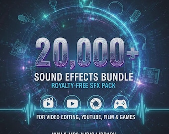 Paquete de 20.000 efectos de sonido premium / Efectos de sonido de Hollywood, ambiente, efectos de sonido envolventes, explosiones, pasos, interfaz de usuario / WAV + MP3 / Descarga instantánea