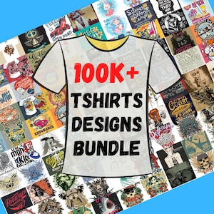 以下が含まれることがあります： 白のTシャツの形に「100K+ TSHIRTS DESIGNS BUNDLE」と黒と赤で書かれたグラフィック。Tシャツの形は、様々なカラフルなTシャツのデザインで埋められ、コラージュ効果を生み出しています。背景は青色です。