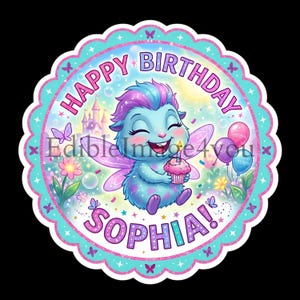 May include: A circular birthday cake topper featuring a cartoon fairy holding a cupcake with a lit candle. The text "HAPPY BIRTHDAY SOPHIA!" is displayed around the fairy, with butterflies and balloons. The background includes a castle and flowers.