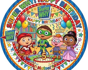 niestandardowa ozdoba na tort urodzinowy Superwhy, okrągły obrazek z jadalną folią do lukru