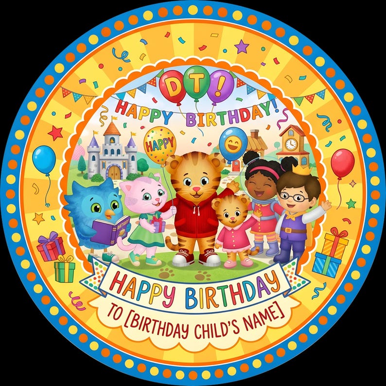 May include: A circular birthday-themed graphic with a blue and yellow border. The design features cartoon characters, balloons, confetti, and the text "HAPPY BIRTHDAY!" and "HAPPY BIRTHDAY TO [BIRTHDAY CHILD'S NAME]" in a colorful, festive style. A castle and gifts are also included.