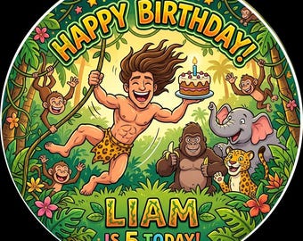 niestandardowa ozdoba na tort urodzinowy Tarzan, okrągła, jadalna folia do lukru