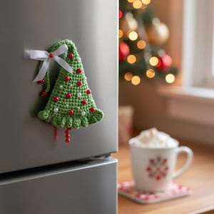 May include: A green crocheted Christmas tree ornament with red and white bead embellishments and a white ribbon bow. The tree is attached to a stainless steel refrigerator door. A festive holiday decoration.