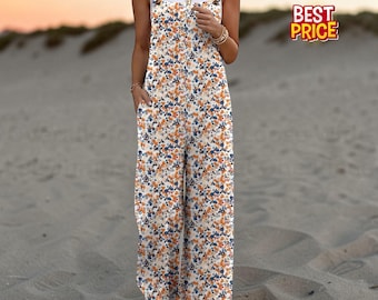 Mono de mujer estilo boho floral de pierna ancha, holgado e informal, de una sola pieza.