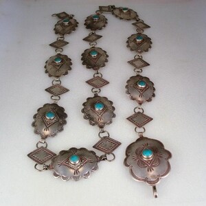 1940s Navajo Unsigned 11 Concho Belt Turquoise Sterling Silver Hand Stamped 28” Navajo Concho Belt Sterling Silver Turquoise Vintage Signed  main image 4