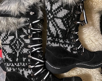 Muk Luks Black Fair Isle Knit Winter Boots Faux  Trim Lace Up Women's Size 9 New
