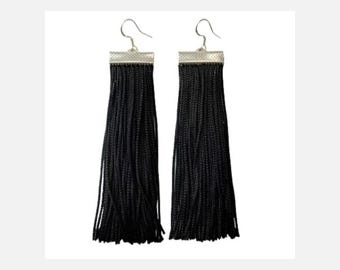 Black Tassel Long Earrings with 925 Sterling Silver Ear Hooks