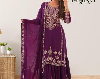 Purple Silk Salwar Kameez Dupatta Set, Embroidery Sequence Kurta Palazzo Sharara Dress, Wedding Suits
