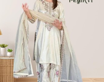 Embroidered Crepe Silk Salwar Kameez: Sequence Kurta Palazzo Suit
