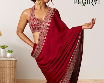 Roter Seiden-Sari für Frauen, indische Hochzeit Partywear Outfits, fertige genähte Saree-Bluse, Sari