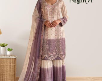 Elegante traje salwar para mujer, vestido kurta palazzo confeccionado, atuendos para bodas indias.