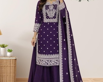 Vestido Salwar Kameez morado con bordado de lentejuelas, traje Palazzo de diseñador, atuendo para bodas pakistaníes de Eid.