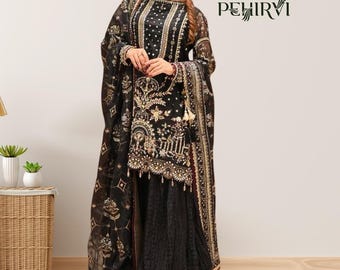 Traje salwar negro, sharara con bordado secuencial, vestido de novia pakistaní