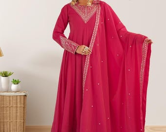 Pink Anarkali Dress For Women, Readymade Gown, Sequence Embroidery Salwar Suits, Wedding Partywear