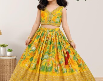 Yellow Floral Print Kids Lehenga Choli, Readymade Stitched Lehenga Blouse Wedding Party Dress