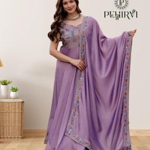 Designer Anarkali Anzug, Seidenstickerei-Reihenfolge Kleid, langes Kleid Dupatta Set