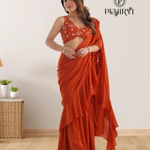 Designer Sharara Style bereit, Georgette Saree für Frauen, Saree-Bluse, genähte Bluse, Rüschen Saree, Party Wear Hochzeit Saree, Sari zu tragen